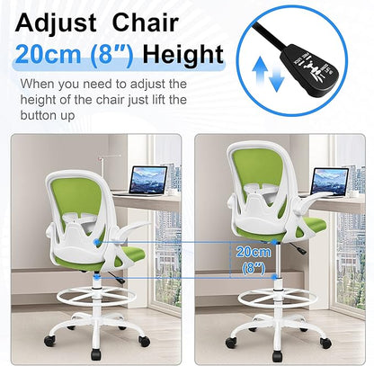 Primy Drafting Chair Tall Office Chair with Flip-up Armrests Executive Ergonomic Computer Standing Desk Chair with Lumbar Support and Adjustable Footrest Ring (Green)