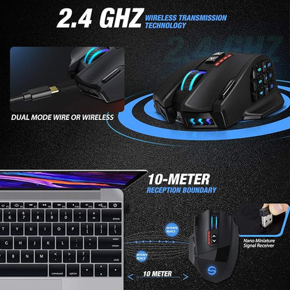 UtechSmart Venus Pro RGB Wireless MMO Gaming Mouse, 16,000 DPI Optical Sensor, 2.4 GHz Transmission Technology, Ergonomic Design, 16M Chroma RGB Lighting, 16 programmable Buttons, Up to 70 Hours