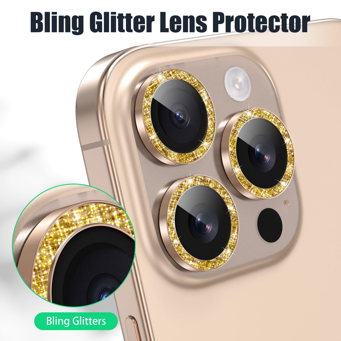 AGVEE 16 Pro & Max 3+3 6 Pack for iPhone 13 6.1" / 13 Mini 5.4" Camera Lens Protector, Bling Diamond & Bling Glitter Metal Ring 9H Tempered HD Glass Camera Cover Film, Glitter-Desert