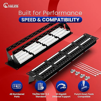 NewYork Cables 48 Port Cat6 Patch Panel – 10Gb Ethernet, 2U Rackmount 19-Inch, Color-Coded T568A/B Labels, Unshielded, 110/Krone Compatible, Black