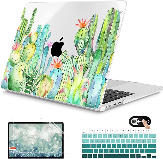 Mektron for 2025 M4 MacBook Air 13.6 Inch A3240 Case Fits 2023 A2681 M2 2024 A3113 M3 Chip with Liquid Retina Display, Printed Plastic Hard Shell Cover for MacBook Air 13.6", Watercolor Cactus