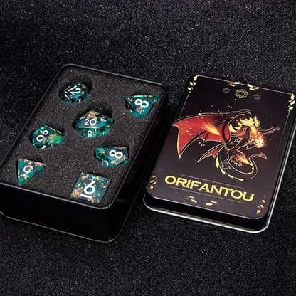 DND Dice Green Liquid Core Dice Set with Metal Box, Handmade Sharp Edge D and D Polyhedral Dice for use with RPG D&D Role Playing Game