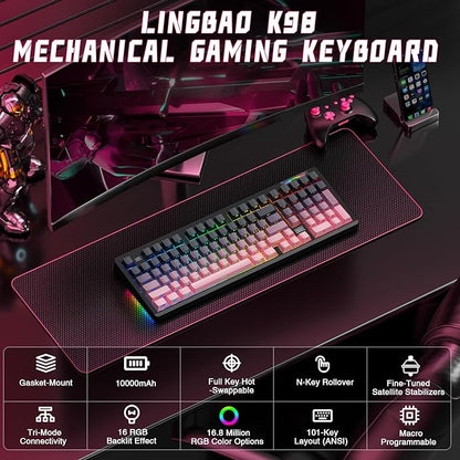 LINGBAO K98 Wireless Mechanical Gaming Keyboard, Tri-Mode BT5.0/2.4GHz/USB-C, Creamy Keyboard with Number Pad, Hot Swappable Gasket Custom Linear Switches RGB Backlit Keyboards for Win/Mac/PC/Laptop