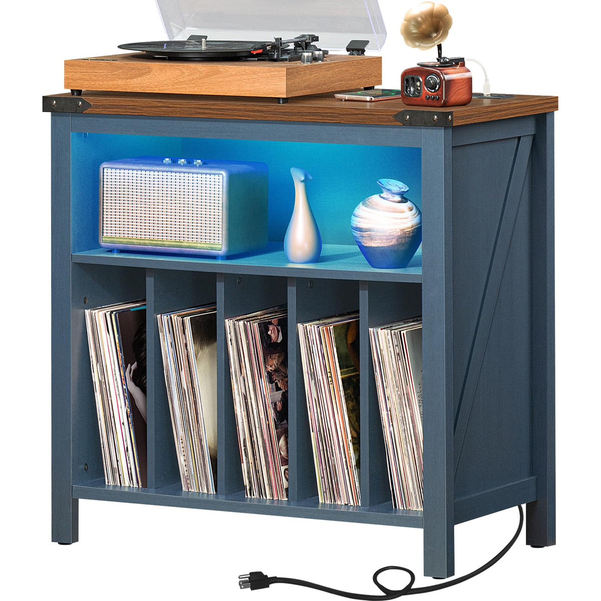 Joaxswe Large Record Player Stand with Charging Station & LED Lights, Vinyl Records Storage Holder Cabinet Holds up to 230 Albums, Turntable Stand for Music Room, Bedroom, Living Room, Office (White)