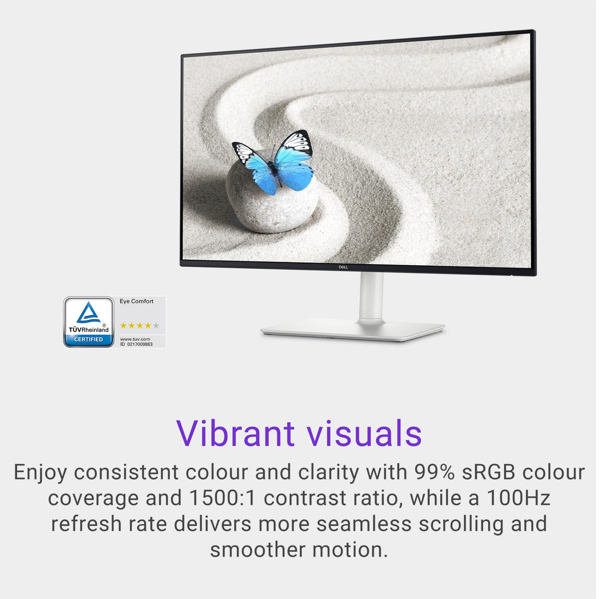 Dell S2725HS 27 Inch Monitor, FHD (1920x1080) Display, 100Hz Refresh Rate, 1500:1 Contrast Ratio, TÜV Rheinland Eye Comfort 4 Star, Integrated 2x5W Speaker, Height/Tilt/Swivel/Pivot- Ash White Color