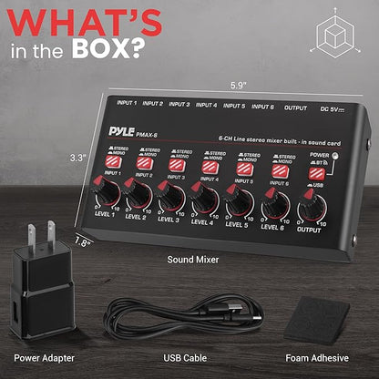 Pyle 6-Channel Wireless BT Streaming Mini Line Mixer with USB Audio Interface - 6 Mono/Stereo Switching Inputs | Ultra-low Noise Design with High Headroom | Built-in USB Sound Card - PMAX6