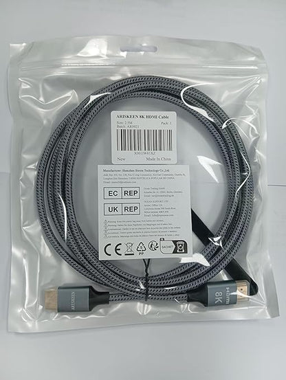 ARISKEEN 8K HDMI Cable 8 FT, 48Gbps High Speed HDMI 2.1 Cable, 8K 60Hz, 4K 120Hz 144Hz Braided HDMI Cord - 8 Feet