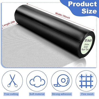 Extra Wide 10 inch x 20 ft Window Screen Tape Mesh Repair Strong Adhesive Waterproof Fiberglass Screen Repair Kit Patch for Window Door Tears Holes(Black)
