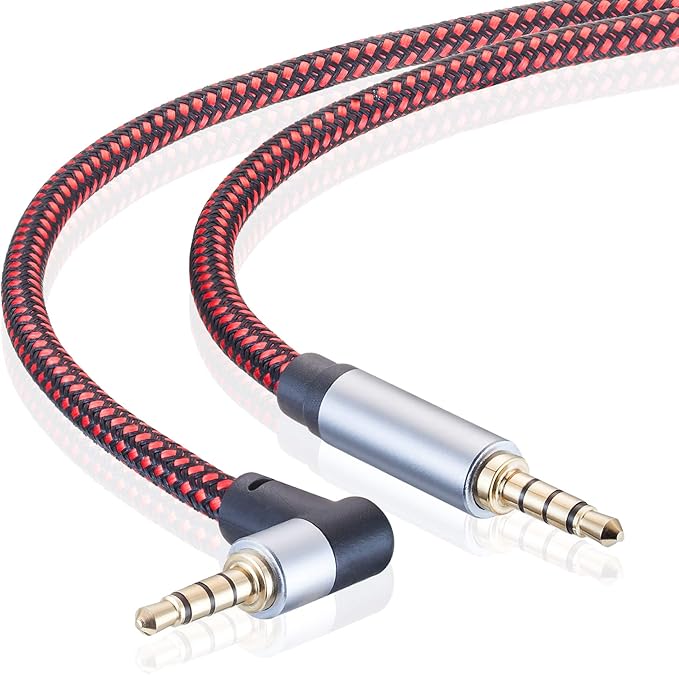 Male to Male Audio Cable 12Ft, 90 Degree TRRS 3.5mm 4 Pole Nylon Braided Stereo Auxiliary Cable for Headphones, PS4, Phone, Tablets, Headset, PC, Laptop and More