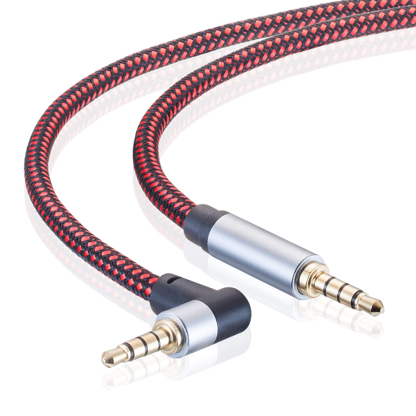 TaQaYa Male to Male Audio Cable 15Ft, 90 Degree TRRS 3.5mm 4 Pole Nylon Braided Stereo Aux Cable for Headphones, PS4, Phone, Tablet, Headset, PC, Laptop and More (15Ft)