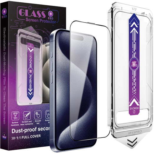 CHRYSHA 2-Pack Screen Protector Tempered Glass for iPhone 15 Pro 6.1-Inch, Auto Dust Removal, No Bubbles, High Definition Clear, Easy Installation