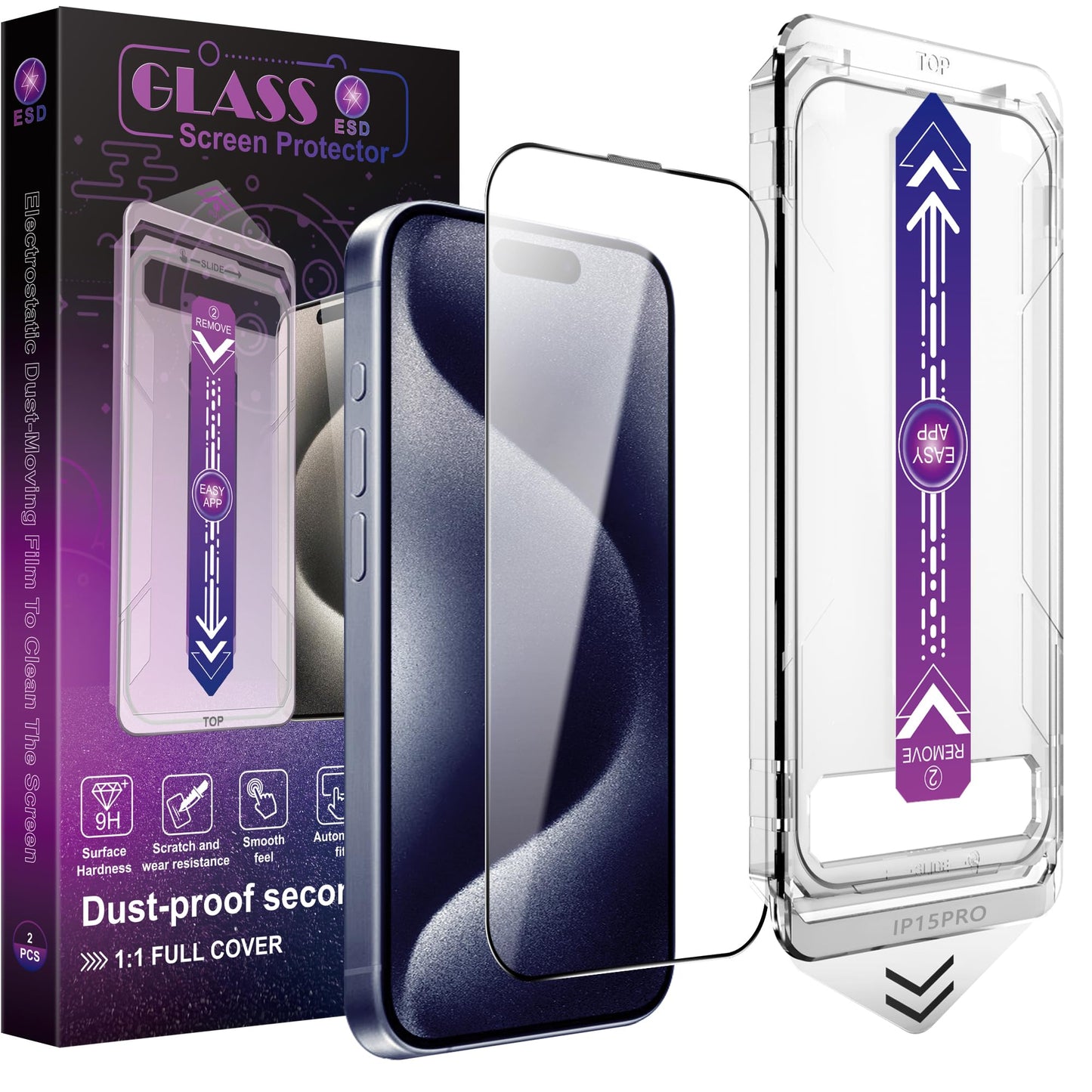 CHRYSHA 2-Pack Screen Protector Tempered Glass for iPhone 15 Pro 6.1-Inch, Auto Dust Removal, No Bubbles, High Definition Clear, Easy Installation