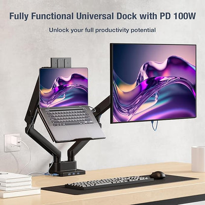 AVLT Dual 17”-38" Monitor Arm Desk Mount with 17" Laptop Tray and USB-C Docking Station, HDMI 4K60Hz, USB-A 5Gbps, Ethernet, 100W PD, Fits Two Flat/Curved Monitor - Black