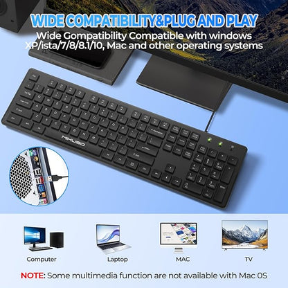 Wired Computers Keyboard with Cover Comfortable Hand Feel,Laser Engraved Characters,12 Multimedia Keys USB Interface Suitable for Laptop PC,Full Size 104 Keyboards, Plug and Play, Office