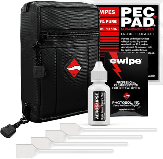 Photographic Solutions Digital Survival Kit - Type-2 (17mm) Sensor Swabs, PEC-PAD Photo Wipes, E-Wipe Packet, Aeroclipse Optic Cleaner Non-Flamable Solution - Camera Cleaning Kit with Travel Bag