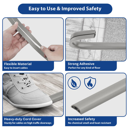 Floor Cord Cover 10ft, Cord Hider Floor Grey, Cable Management Prevent Trips, Cable Cover Wire Covers for Electric Power Cords, Wire Protector Cavity W0.47in x H0.28in