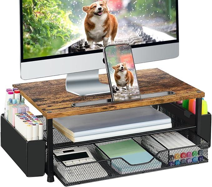 Wood Desk Organizers and Accessories, 2-Tier Computer Monitor Stand Riser with Drawer, Pen Storage & Phone Holder, Office Desk Accessories, Workspace Desktop Organization for Office Supplies（Brown）
