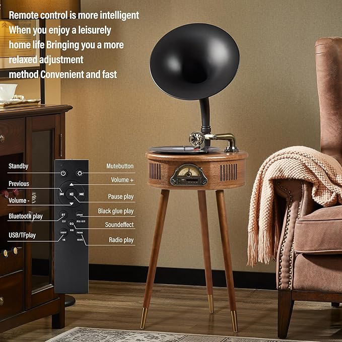 Gramophone Record Player，Italian Style Gramophone Vinyl Record Player with Control/Bluetooth/USB/FM Vintage Record Players Turntables 2 Speed(33/45), Hi-Fi, Classic Tripod Retro Wooden Design