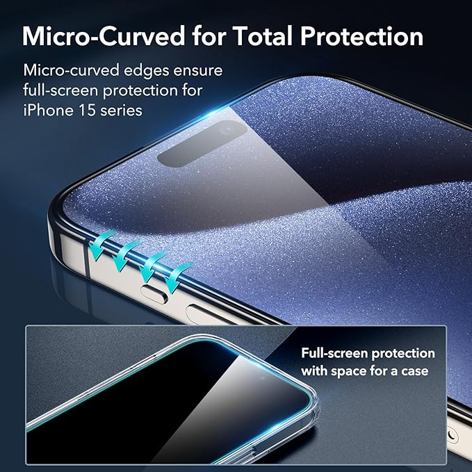 ESR 3+1 Pack for iPhone 15 Pro Screen Protector, [9H Hardness] [Military Grade Shatterproof] Full Coverage Ultra-tough Tempered Glass Film with Easy Installation Frame, 1 Set of Camera Lens Protector