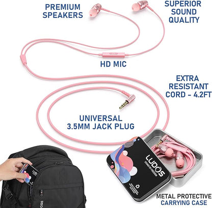 LUDOS OMNITONE Wired Earbuds in-Ear Headphones, 5 Years Warranty, Earphones with Microphone, 3.5 mm Jack Corded Ear Buds, Videoconference for iPhone, Samsung, Laptop, Kids, School Students - Pink
