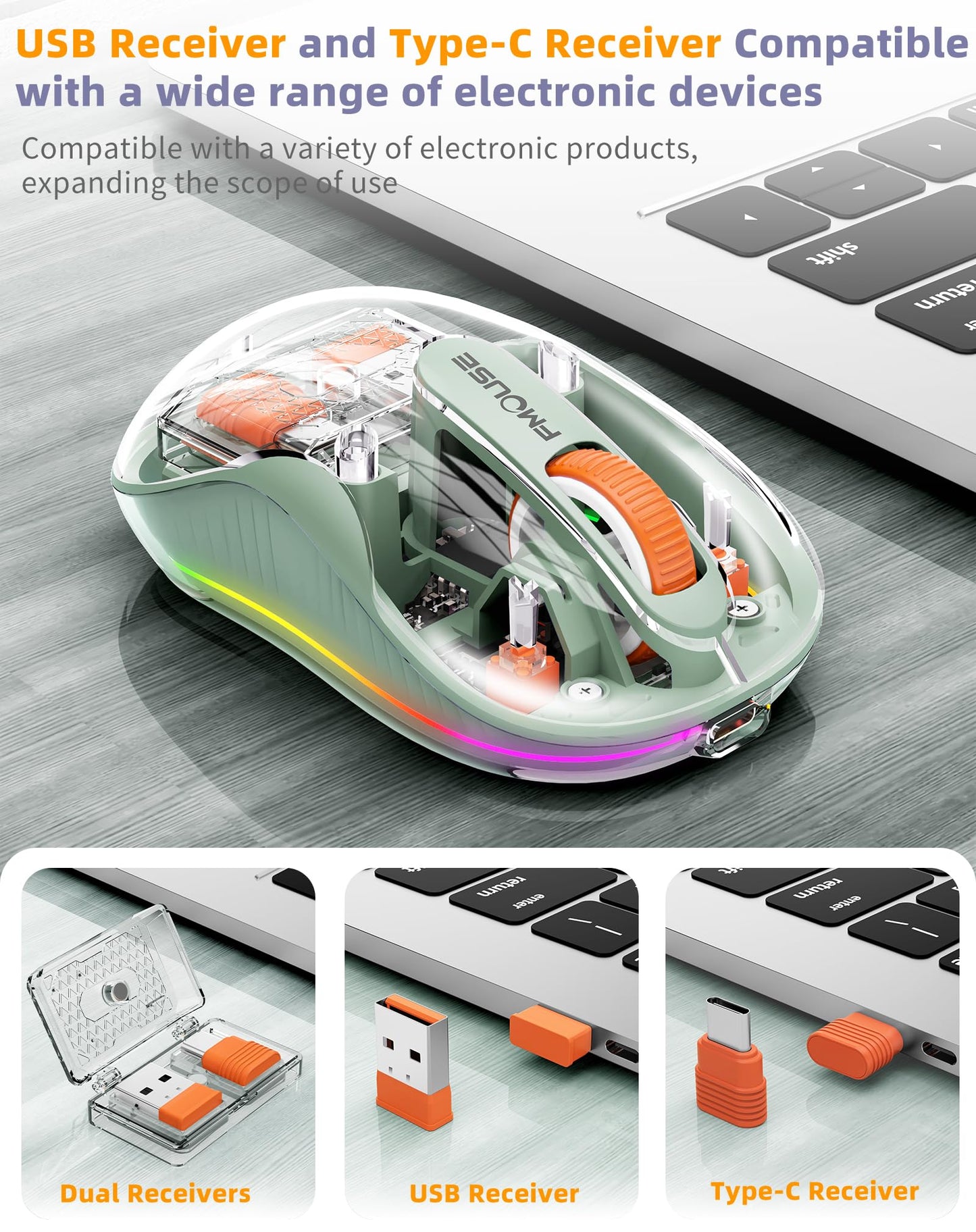 Bluetooth Wireless Mouse, Transparent RGB Tri-Modes Mouse,Bluetooth & 2.4GHz for Multi Device, USB-C Receiver Ideal for MacBook/Laptops, Rechargeable, Silent, Portable, Cool LED, Ergonomic - Green