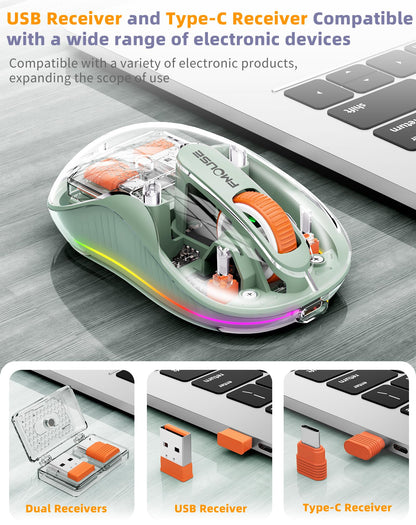 Bluetooth Wireless Mouse, Transparent RGB Tri-Modes Mouse,Bluetooth & 2.4GHz for Multi Device, USB-C Receiver Ideal for MacBook/Laptops, Rechargeable, Silent, Portable, Cool LED, Ergonomic - Green
