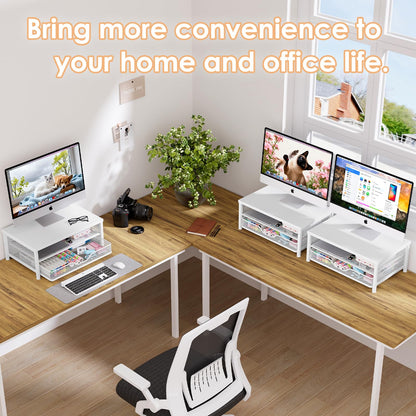 OPNICE Computer Monitor Stand Riser, Desk Organizer with Drawer, Printer & Laptop Stand, Office Desk Accessories & Workspace Desktop Organizers Storage for Office Supplies(White)
