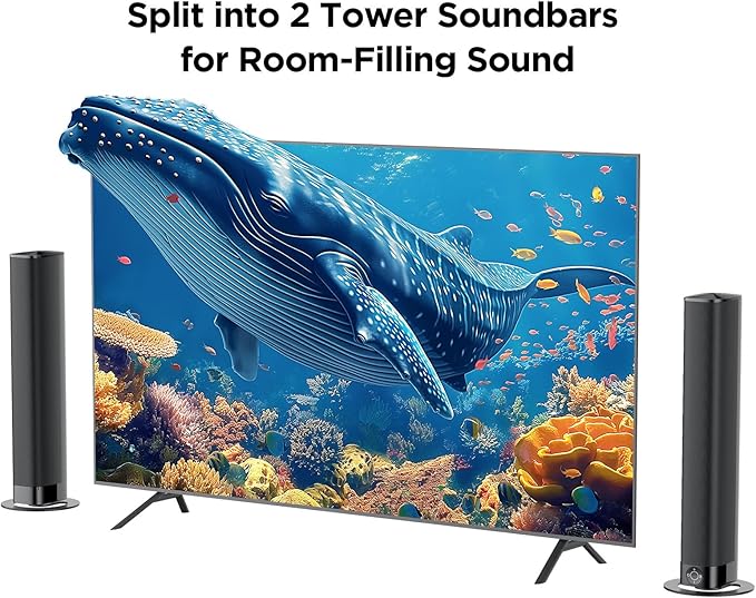 Sound Bar for Smart TV, Soundbar with Bluetooth/ARC/Opt/AUX Connect, Auto Volume Boost, 3 Equalizer Modes, 2 in 1 Detachable Soundbar for TV/PC/Gaming/Projectors