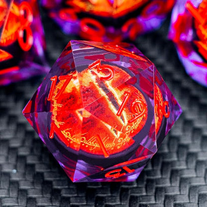 ARUOHHA DND Resin Dice Gazes Eye Dice Purple Red Liquid Core Flaming RPG Sharp Edged Dice Set with Gift Box, Polyhedral D and D Dice Set Compatible with Dungeons Dragons Role Playing Game D20 D6