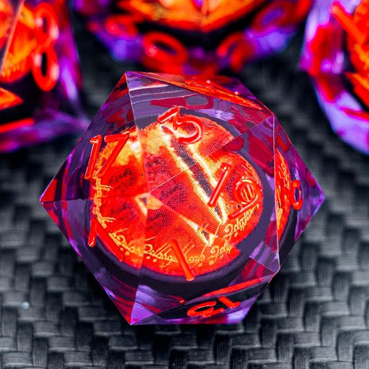 ARUOHHA DND Resin Dice Gazes Eye Dice Purple Red Liquid Core Flaming RPG Sharp Edged Dice Set with Gift Box, Polyhedral D and D Dice Set Compatible with Dungeons Dragons Role Playing Game D20 D6