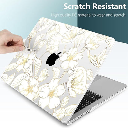 TWOLSKOO Compatible with M4 MacBook Air 15 inch Case 2025-2023 Released Model M4 A3241 M3 A3114 M2 A2941, Plastic Hard Shell & Screen Protector & Keyboard Cover & Type C Adapter, Gold Cherry Blossom