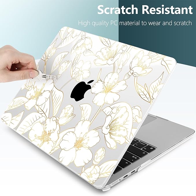 TWOLSKOO Compatible with M4 MacBook Air 13.6 inch Case 2025-2022 Release M4 A3240 M3 A3113 M2 A2681, Plastic Hard Shell & Keyboard Cover & Type C Adapter & Screen Protector, Gold Cherry Blossom