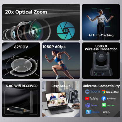 TONGVEO Wireless AI PTZ 20X Zoom Camera with Auto-Tracking: Built-in 5.8GHz Receiver for Cable-Free Setup, 1080P 60fps Conference Camera for Church Services, Online Classes & Hybrid Meetings