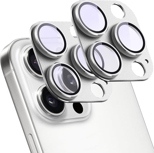 SHANG PIN JIA 2 Pack Camera Lens Protector for iPhone 15 Pro/15 Pro Max,[Not Easy to Breakn ] AR Tempered Glass Strong Adsorption Metal Camera Cover Screen-Silvery
