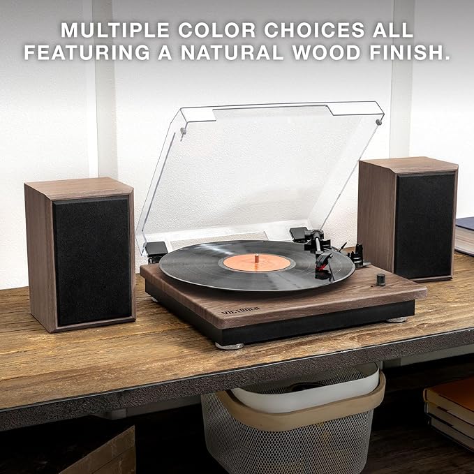 Victrola Montauk Vinyl Record Player, White Wood Finish, 3-Speed Belt Driven Turntable with Stereo Bluetooth Speaker Pair, RCA Output and 3.5mm Headphone Jack, Removable Dust Cover