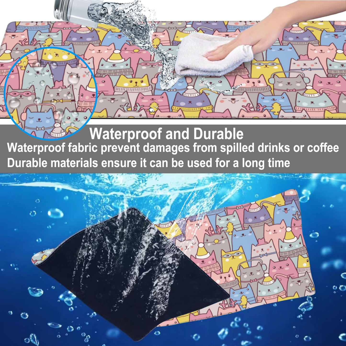 Mouse Pad, Large Cute Christmas Cats Desk Mat, Extended Non-Slip Gaming Keyboard Mousepad Desk Pad, Thick Stitched Edges Waterproof Mouse Mat 31.5"x15.7" (Cartoon Christmas Kittens)
