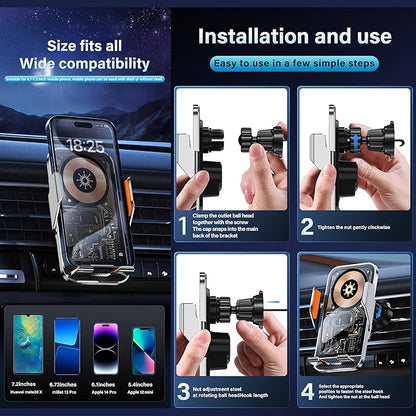 Car Phone Holder Charger Wireless Cell Phone Car Mount - 15W Fast Charging Auto-Clamping Air Vent Car Phone Mount Charger for iPhone 16 Pro Max 16 15 14 13 12 Pro and Sumsung Galaxy Series