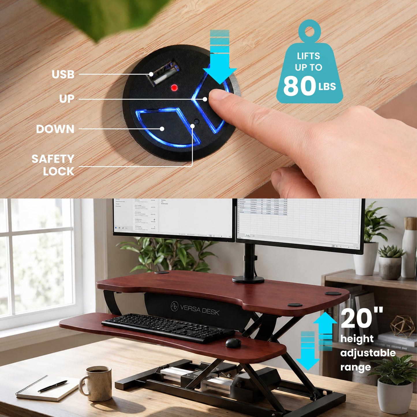 PowerPro 40 Inch Electric Standing Desk Converter – Push-Button Height Adjustable Sit to Stand Desk Riser for Triple Monitors & Laptop – Motorized Desktop Workstation with Wide Keyboard Tray