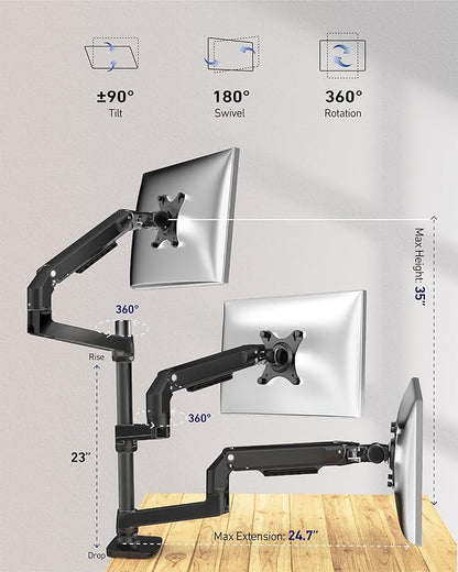 Triple Monitor Mount, Holds Screens up to 40 Inches and 25 lbs, Fully Adjustable 3 Monitor Desk Mount with C-Clamp and Grommet Base, Aluminum, Black