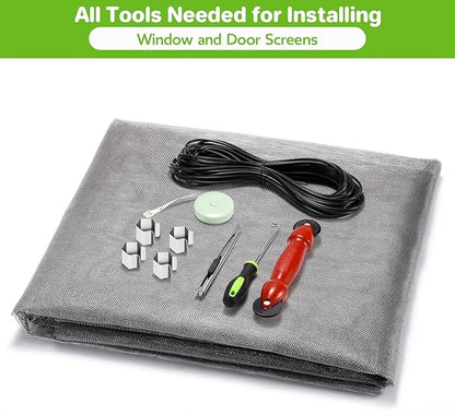 FLYZZZ Window Screen Door Repair Kit, 48"x118" Fiberglass Mesh Replacement with Roller Tool/Hook/Spline/Cutter/Clips/Ruler, 7-in-1 Sliding Patio Door & Screen Door Repair Kit, Gray