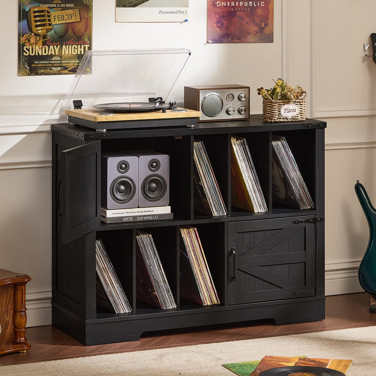 Joaxswe Large Record Player Stand with Vinyl Storage Up to 450 Albums, 39 Inch Farmhouse Brown Walnut Storage Cabinet with Barn Doors, Wood Vintage Mid-Century Turntable Stand for Bedroom, Living Room