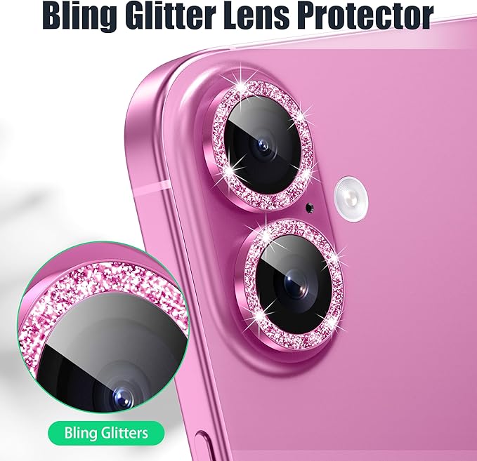 AGVEE 3+3 6 Pack for iPhone 16 6.1" / 16 Plus 6.7" Camera Lens Cover Protector, Bling Glitter & CD-Textured Metal Ring 9H Tempered HD Glass Camera Cover Protector Film, Glitter-Rose
