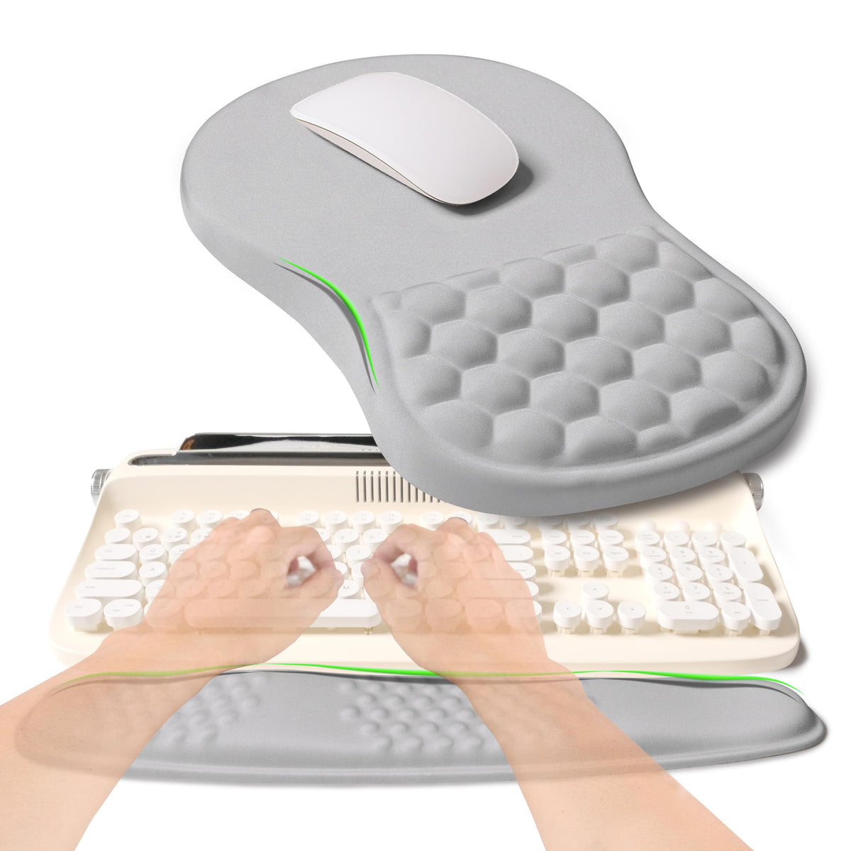 KUOSGM 2-in-1 Ergonomic Set, Wave Rise Keyboard Wrist Rest and Massage Bulge Slope Mouse Pad Wrist Support, Cushion Memory Foam Integrated to Relieve Wrist Pain, Cute Cat Paws