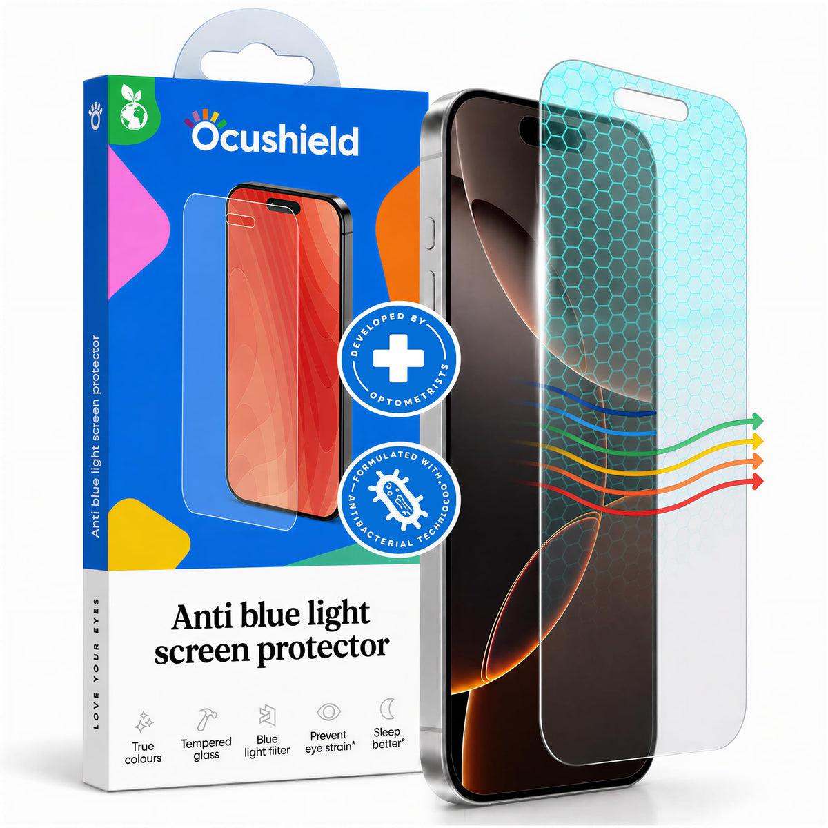 Ocushield Anti Blue Light Tempered Glass Screen Protector of iPhone 16 Plus (6.7")– Blocks Blue Light, Prevents Eye Strain & Helps You Sleep Better, 9H Hardness & Case Friendly