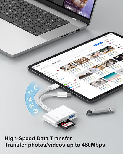 SD Card Reader for iPhone, iPad, Samsung, Memory SD Card Reader USB C&Lightning Dual Port Micro SD Card Reader with USB Camera Adapter Plug and Play Trail Game Camera Card Viewer Supports SD/TF Card