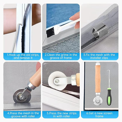 Window Screen Repair Kit, Steel/Nylon Roller Tool with Bearing+8pcs Screen Clips+32ft Screen Spline+Spline Removal Hook, 5 in 1 Screen Roller Tool Kit for Installing Door Mesh Screens