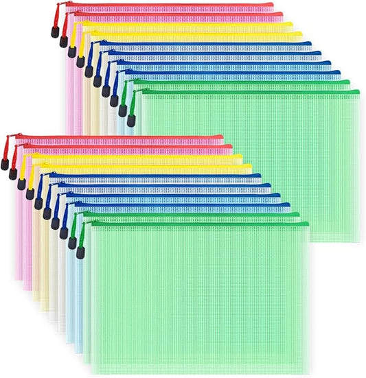 AUSTARK 20pcs Mesh Zipper Pouch Bags, Multipurpose Waterproof Organization Storage Bag for Office School Home Travel (A4 Size 13.4''x9.4'', Multicolored)