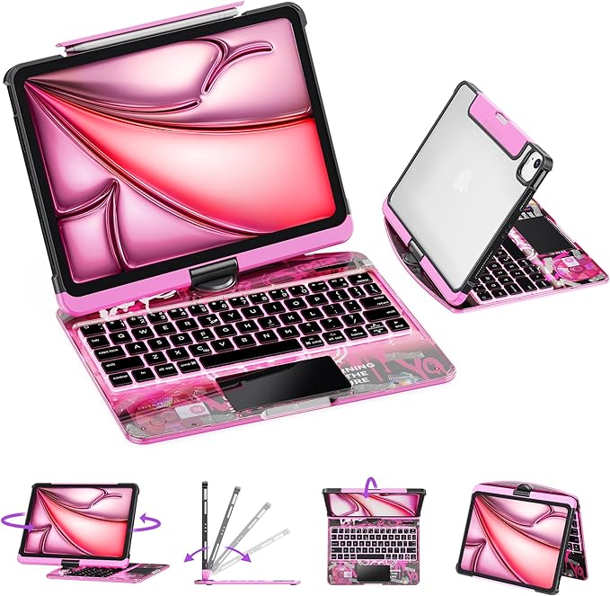 GUSGU for iPad Air 11 Inch (M3/M2,2025/2024) Transperant Case with Wireless Keyboard, 7 Color Backlight, Trackpad, 360°Rotating Stand for 10.9" iPad Air 5th/4th, 11" iPad Pro 4/3/2/1 Case, Cyberpunk