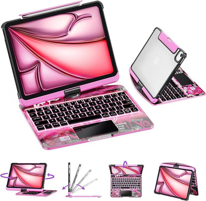 GUSGU for iPad Air 11 Inch (M3/M2,2025/2024) Transperant Case with Wireless Keyboard, 7 Color Backlight, Trackpad, 360°Rotating Stand for 10.9" iPad Air 5th/4th, 11" iPad Pro 4/3/2/1 Case, Cyberpunk