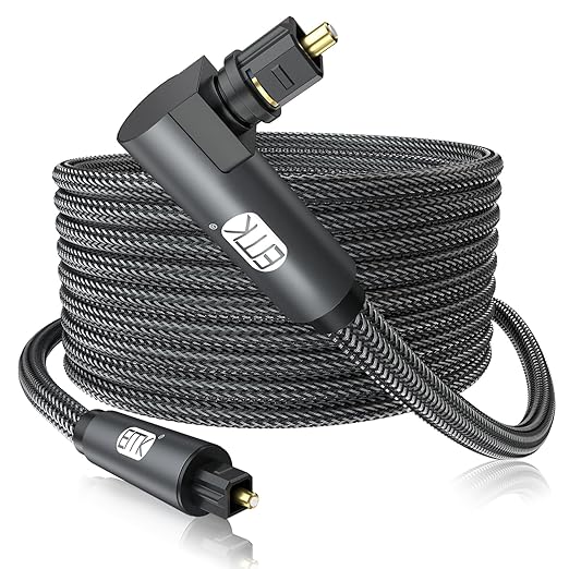 EMK 90 Degree Toslink Optical Cable 360 Degree Free-Rotating Plug Fiber Optic Cable S/PDIF Toslink Male to Male Cable for Home Theater, Sound Bar, TV, PS4, Xbox,Grey (25ft/7.6m)